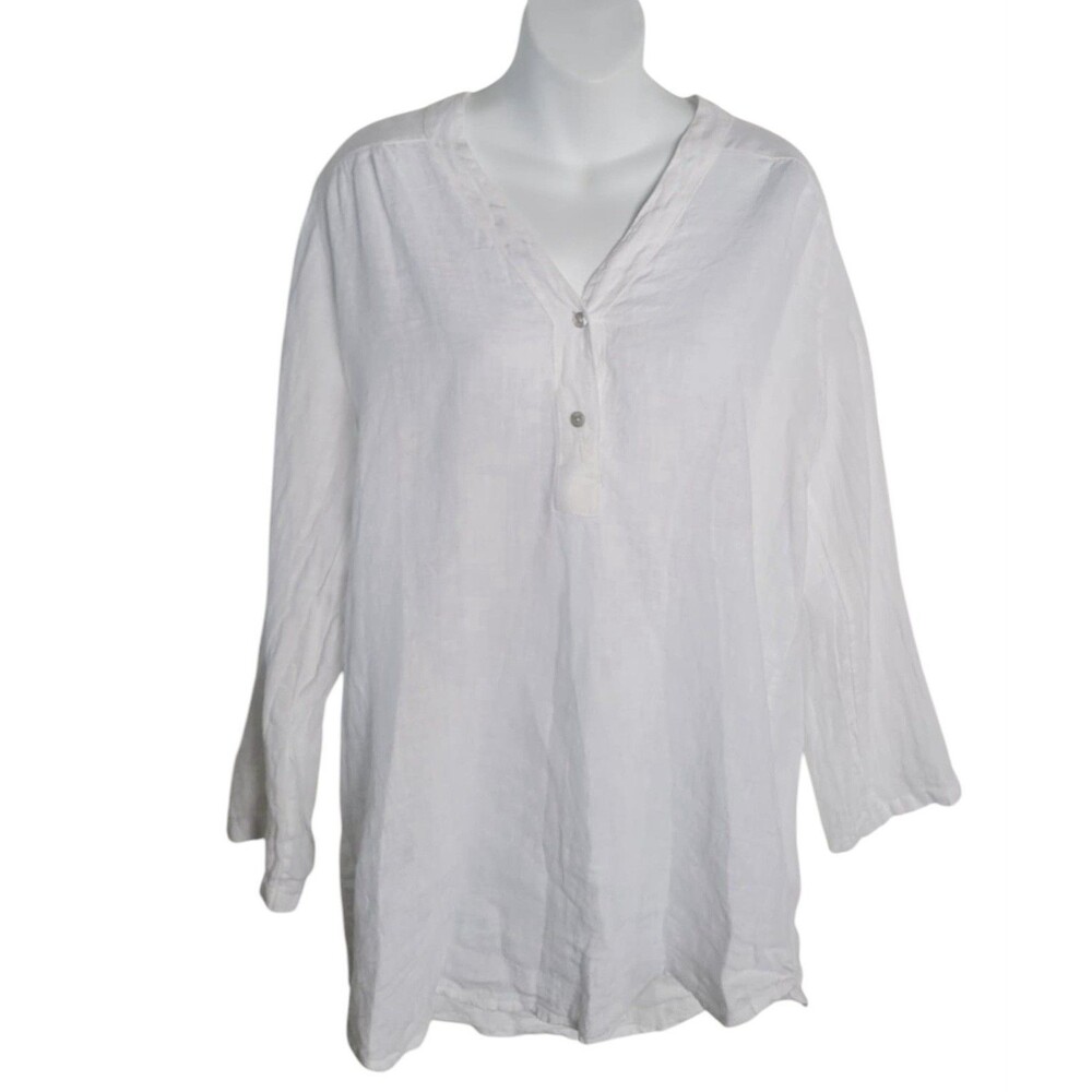 Rosemarine Linen Blouse Roll Tab Sleeve Hi-Low Hem Italy